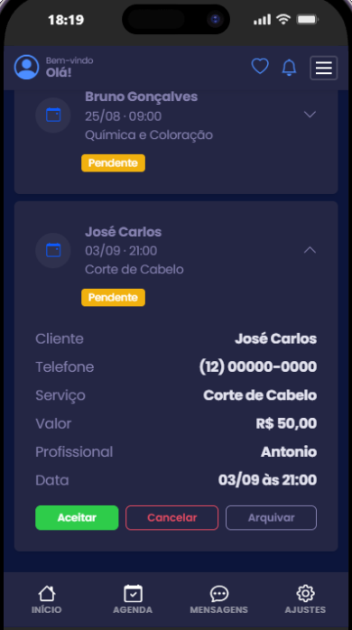 Tela de agendamentos com um pedido aberto: cliente, telefone, serviço Corte de Cabelo, valor R$ 50,00, profissional Antonio e data, com os botões Aceitar, Cancelar e Arquivar e a etiqueta Pendente.