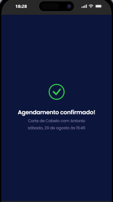 Tela final da página pública, com um círculo verde e a mensagem Agendamento confirmado: Corte de Cabelo com Antonio, sábado 29 de agosto às 15:45.