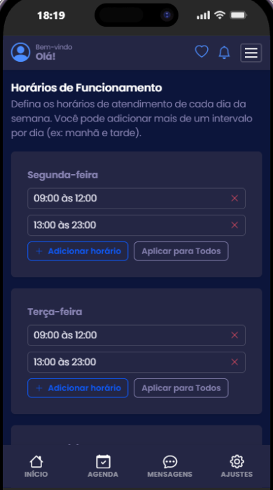 Tela de horários de funcionamento: segunda e terça-feira com dois intervalos cada, das 09:00 às 12:00 e das 13:00 às 23:00, e os botões Adicionar horário e Aplicar para Todos.