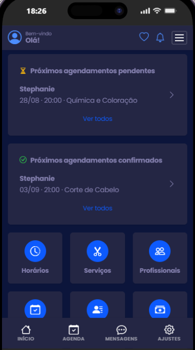 Tela de início do iHost Agenda: cartões com os próximos agendamentos pendentes e confirmados, e a grade dos módulos — Horários, Serviços, Profissionais, Agendamentos, Clientes e Financeiro.