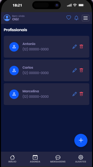 Tela de profissionais do app, com Antonio, Carlos e Marcelina cadastrados, cada um com telefone e com os botões de editar e excluir.