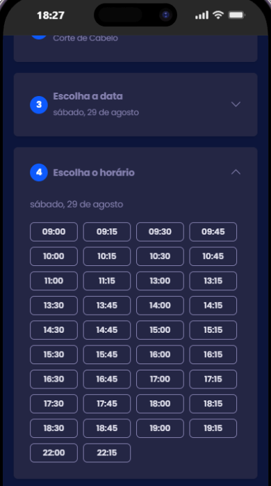 Página pública no passo Escolha o horário, sábado 29 de agosto: os horários livres vão de 09:00 a 19:15 de quinze em quinze minutos, pulam o intervalo do almoço e terminam às 22:15.