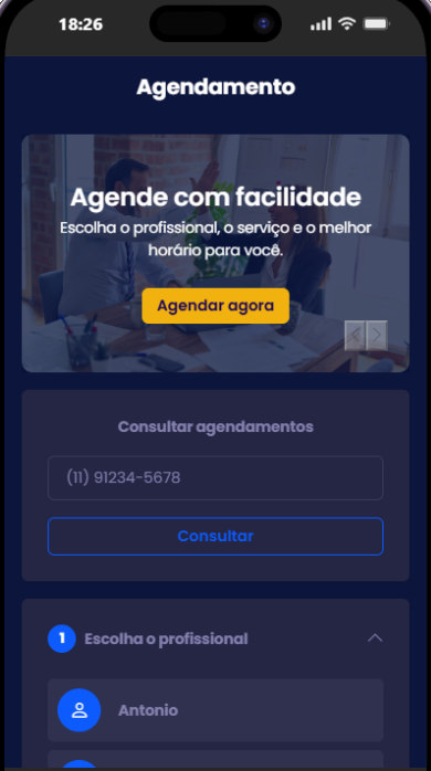 Página pública de agendamento do salão: a chamada Agende com facilidade, a consulta de agendamentos pelo telefone e o passo 1, Escolha o profissional.
