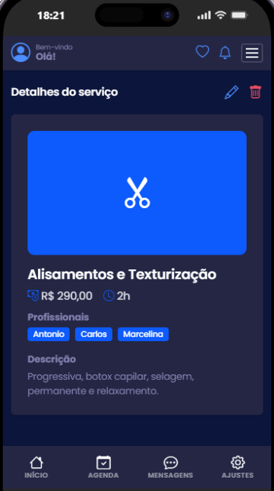 Detalhe do serviço Alisamentos e Texturização: R$ 290,00, 2h, os profissionais Antonio, Carlos e Marcelina, e a descrição — progressiva, botox capilar, selagem, permanente e relaxamento.