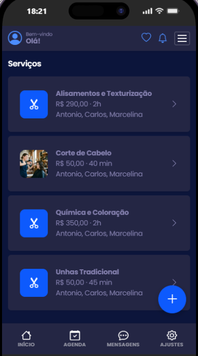 Tela de serviços do app, cada um com preço, duração e os profissionais que executam: Alisamentos e Texturização R$ 290,00 2h, Corte de Cabelo R$ 50,00 40 min, Química e Coloração R$ 350,00 2h e Unhas Tradicional R$ 50,00 45 min.
